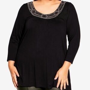 Avenue Womens Size 18 Pullover Tunic Top Black Knit Beaded Neckline 3/4 Sleeves